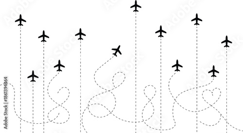 Multiple Airplanes Flying Upwards with Winding Dotted Flight Path Lines