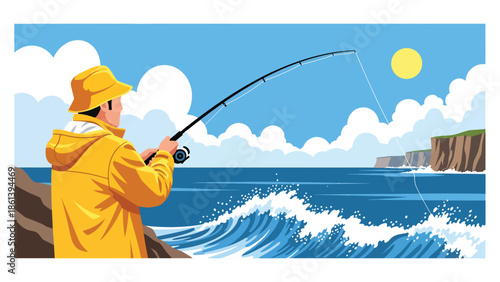 Modern vector illustration of fisherman fishing with rod from rocky coastline with waves and cliffs, artisanal fishing lifestyle and coastal leisure fishery concept