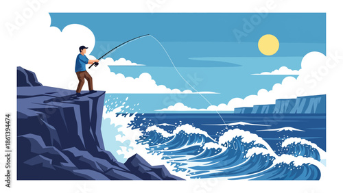Modern vector illustration of fisherman fishing with rod from rocky coastline with waves and cliffs, artisanal fishing lifestyle and coastal leisure fishery concept