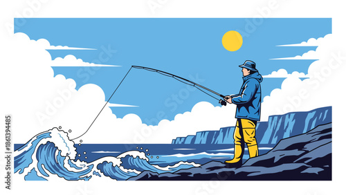 Modern vector illustration of fisherman fishing with rod from rocky coastline with waves and cliffs, artisanal fishing lifestyle and coastal leisure fishery concept