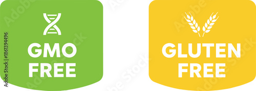 GMO Free and Gluten Free vector badge icons for food packaging labels organic healthy products certification stickers and isolated marketing elements for nutrition