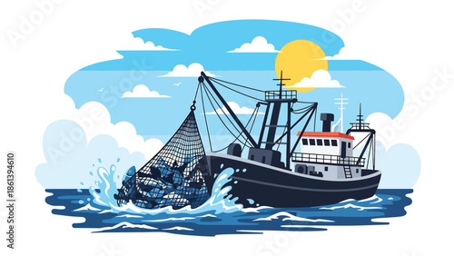 Modern vector illustration of industrial trawler hauling large fishing net full of fish on open ocean, commercial seafood harvest and fishery production concept