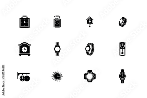 Clock and Watch Vector Icon Set featuring Alarm Grandfather and Wristwatch Silhouettes
