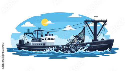 Modern vector illustration of industrial trawler hauling large fishing net full of fish on open ocean, commercial seafood harvest and fishery production concept