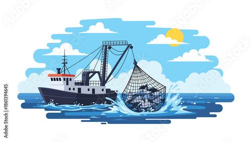 Modern vector illustration of industrial trawler hauling large fishing net full of fish on open ocean, commercial seafood harvest and fishery production concept
