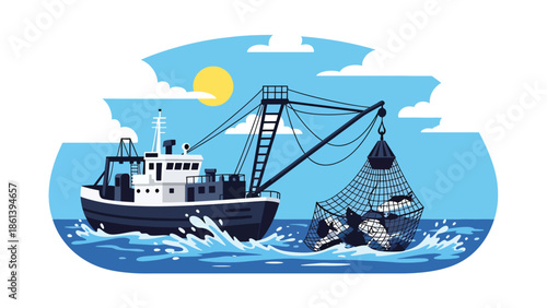 Modern vector illustration of industrial trawler hauling large fishing net full of fish on open ocean, commercial seafood harvest and fishery production concept