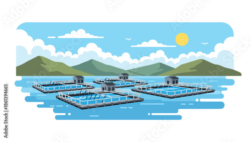 Modern vector illustration of offshore aquaculture fish farm with floating cages and calm sea, sustainable seafood farming and modern fishery industry concept