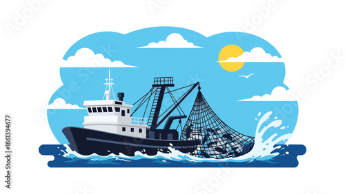 Modern vector illustration of industrial trawler hauling large fishing net full of fish on open ocean, commercial seafood harvest and fishery production concept