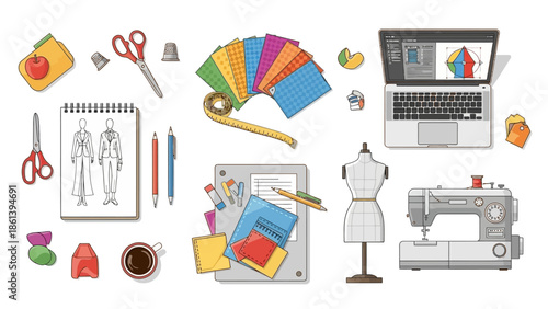 Fashion Design Studio Flat Lay: Sewing, Sketching, Fabric Samples