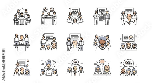 A diverse group of business professionals collaborating and communicating effectively in various meeting settings with laptops and presentations