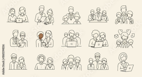 Line art illustrations of diverse business people working together, collaborating, communicating, and using laptops in various office settings and scenarios