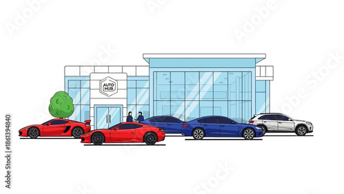Car Dealership Showroom with New Vehicles Outside