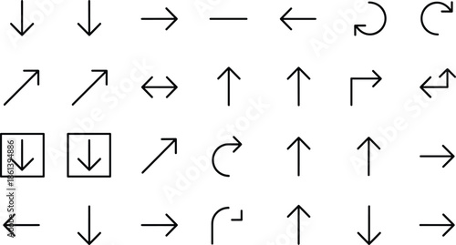 Minimalist black line arrow icon set featuring directional pointers, curved turns, refresh symbols, and geometric navigation indicators for modern web user interface and app design.