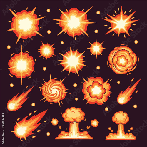 Cartoon bomb explosion blast effect, cartoon explosive effect, comic blast, smoke clouds, steam clouds, puff, mist, fog, energy explosion, flame smoke cloud, vector illustration