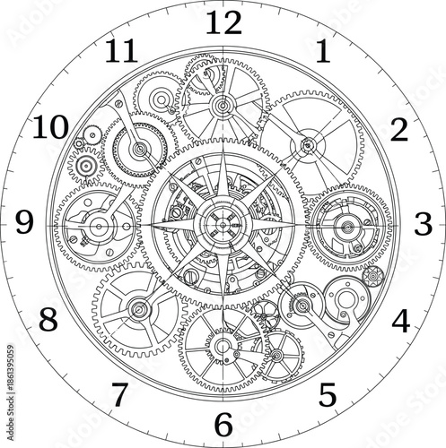 Vintage clock face with Roman numerals and complex internal mechanical gear system technical line art illustration vector for time concept.