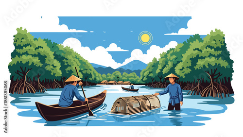 Modern vector illustration of traditional river fisherman paddling canoe near mangroves and village riverbank, inland fishing livelihood and rural economy concept
