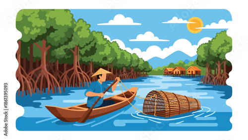 Modern vector illustration of traditional river fisherman paddling canoe near mangroves and village riverbank, inland fishing livelihood and rural economy concept