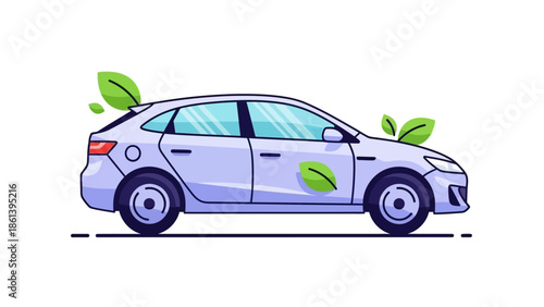 Eco-friendly electric car with green leaves, sustainable transport concept