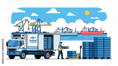 Modern vector illustration of seafood logistics near port with refrigerated truck, fish crates, and cargo ships, cold chain distribution and fishery supply concept