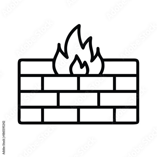 Digital Firewall Icon Featuring a Brick Wall and Flame Symbolizing Network Security and Cyber Protection