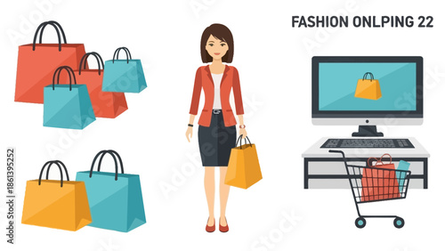 Online Shopping Concept: Woman with Bags, Computer, Shopping Cart