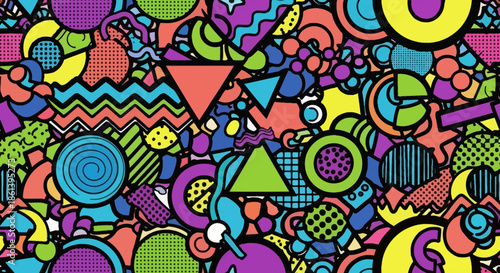 Vibrant colorful abstract illustration with geometric shapes and patterns in a lively 90s style with retro and graphic design and artistic and creative