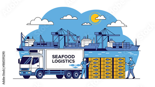 Modern vector illustration of seafood logistics near port with refrigerated truck, fish crates, and cargo ships, cold chain distribution and fishery supply concept