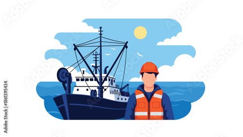 Modern vector illustration of professional fisherman wearing safety gear on industrial vessel with heavy equipment and ocean background, fishery workforce concept