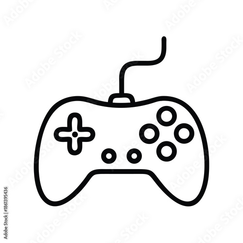 Modern wired video game controller gamepad icon in a simple minimalist black line art style.