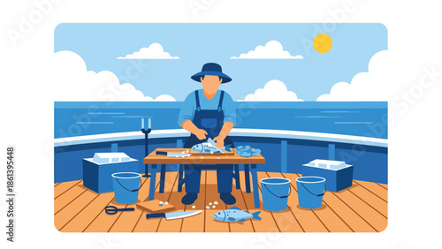 Modern vector illustration of fisherman cleaning and preparing fish on boat deck with ice boxes and open sea background, seafood handling and hygiene concept