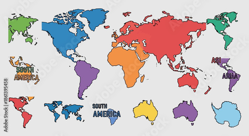 Colorful world map illustration with continents in different colors and labels on a gray background with geography and globe and cartography