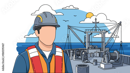 Modern vector illustration of professional fisherman wearing safety gear on industrial vessel with heavy equipment and ocean background, fishery workforce concept
