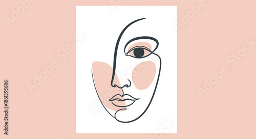 Simple line art illustration of a woman's face with blush on her cheeks, minimalist style, pink background, elegant facial features with beauty