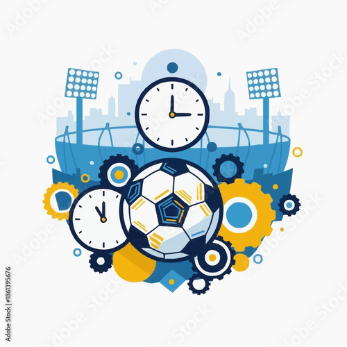A stylized illustration of a football stadium with a soccer ball, clocks, and gears, representing the dynamics of the sport.