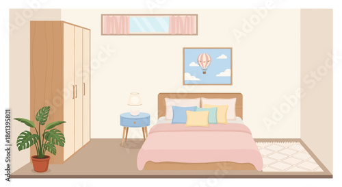 A cozy bedroom with a pink bed, blue nightstand, and plant, featuring a hot air balloon painting on the wall, with a wardrobe and window with pink curtains