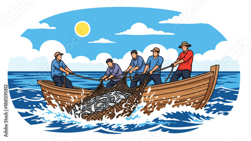 Modern vector illustration of fishermen team pulling heavy fishing net onto boat with splashing waves and cloudy sky, teamwork and labor-intensive fishing concept