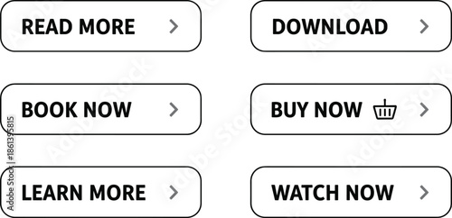 Set of professional call to action web buttons featuring read more, download, book now, buy now, learn more, and watch now text for website interface design.