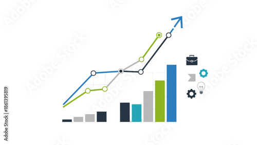 Business growth chart with icons, finance graph, up arrow, progress report