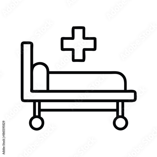 Hospital Bed with Medical Cross Line Icon for Healthcare and Patient Recovery Concept