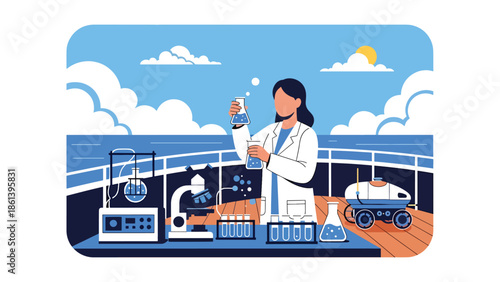 Modern vector illustration of marine research vessel with scientists collecting samples at sea, fishery science and sustainable ocean management concept