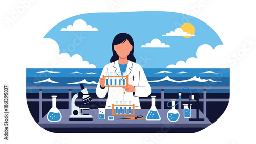 Modern vector illustration of marine research vessel with scientists collecting samples at sea, fishery science and sustainable ocean management concept