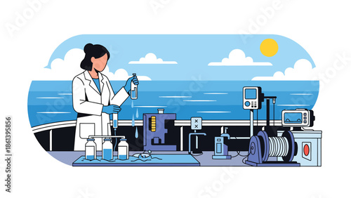 Modern vector illustration of marine research vessel with scientists collecting samples at sea, fishery science and sustainable ocean management concept