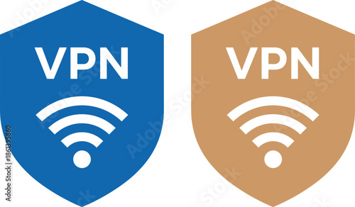Secure VPN service shield icon set featuring blue and gold shields with wifi signal symbols for private internet connection and cyber security protection.