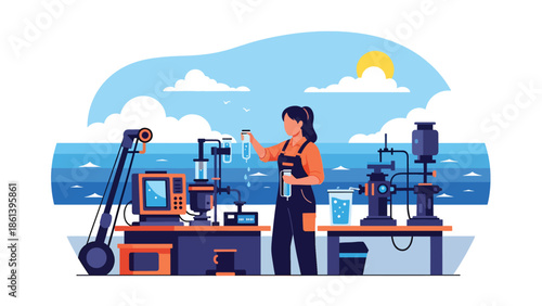 Modern vector illustration of marine research vessel with scientists collecting samples at sea, fishery science and sustainable ocean management concept