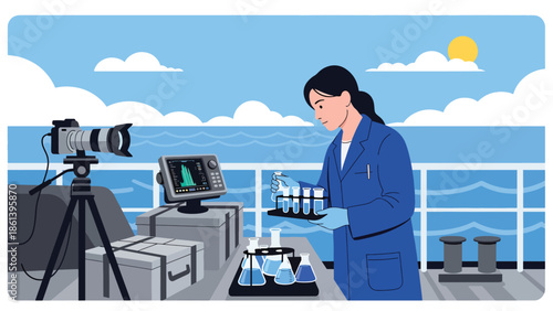 Modern vector illustration of marine research vessel with scientists collecting samples at sea, fishery science and sustainable ocean management concept