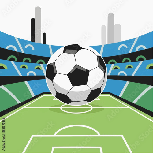 A dynamic illustration of a soccer ball on a vibrant green field within a stadium, highlighting the excitement of a sporting event