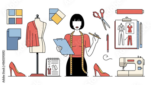 Fashion Designer Working with Sketchpad, Mannequin, and Sewing Machine