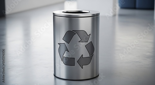 Silver Recycling Bin on Grey Floor.
