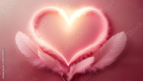 Glowing pink heart made of feathers on pink background