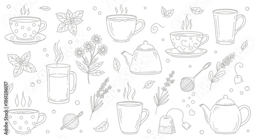 A collection of tea cups and teapots with herbs and leaves, a warm beverage concept with steaming hot drinks and botanicals, perfect for a cozy atmosphere, relaxation